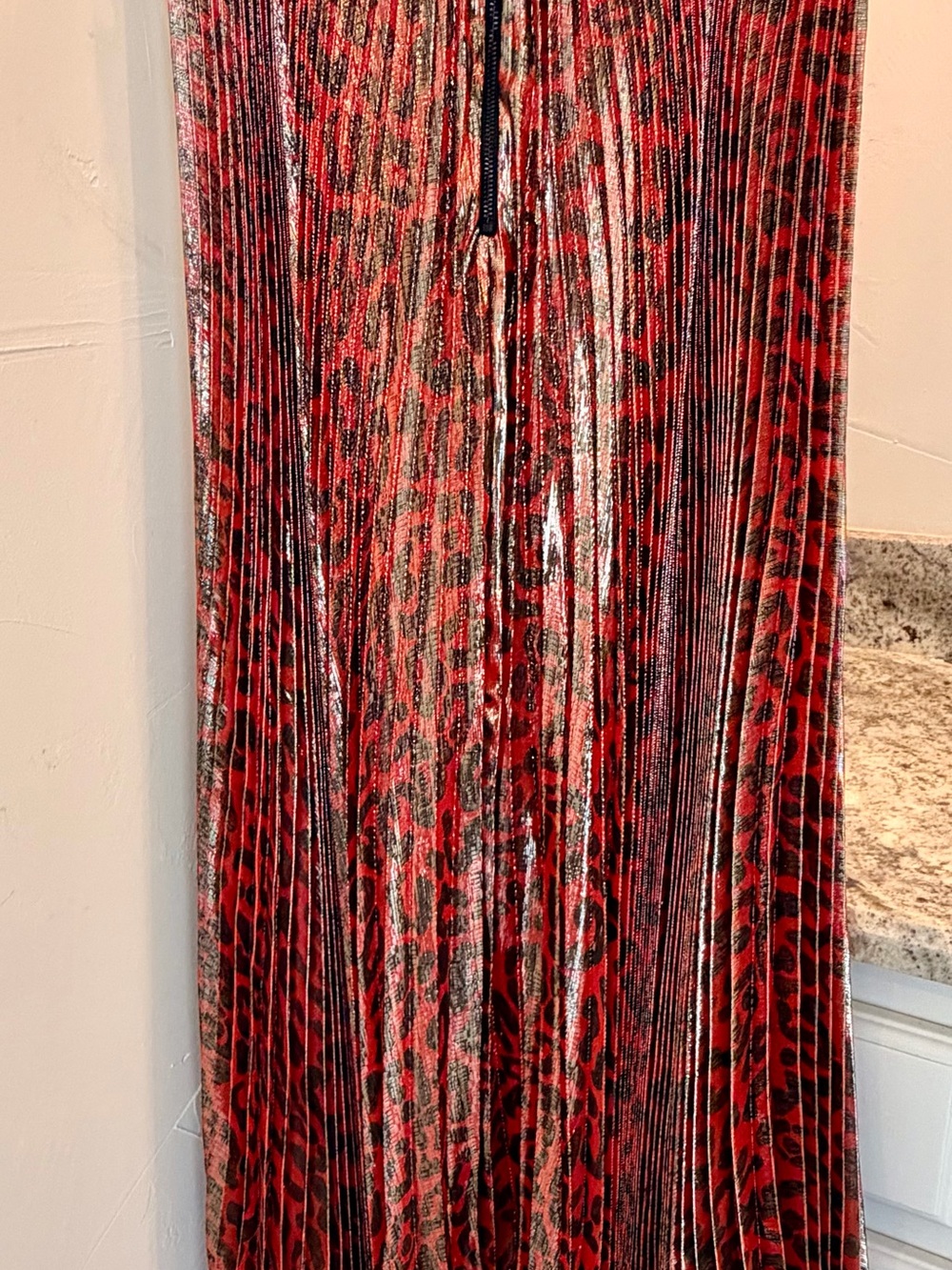 Alice + Olivia Red and Black Leopard Pleated Maxi Skirt